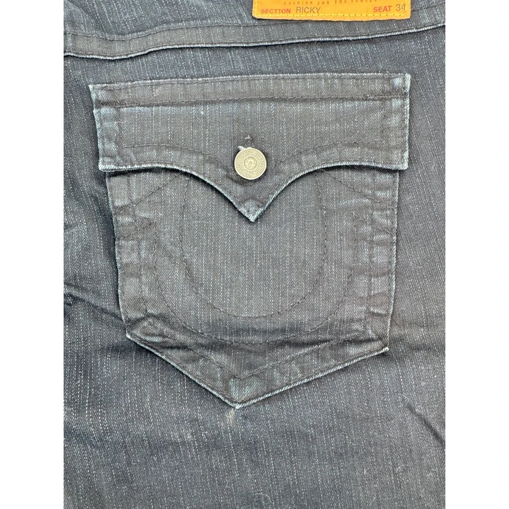 True Religion Jeans Mens 34x32 Blue Denim‎ Flap Pockets Ricky Distressed Hems